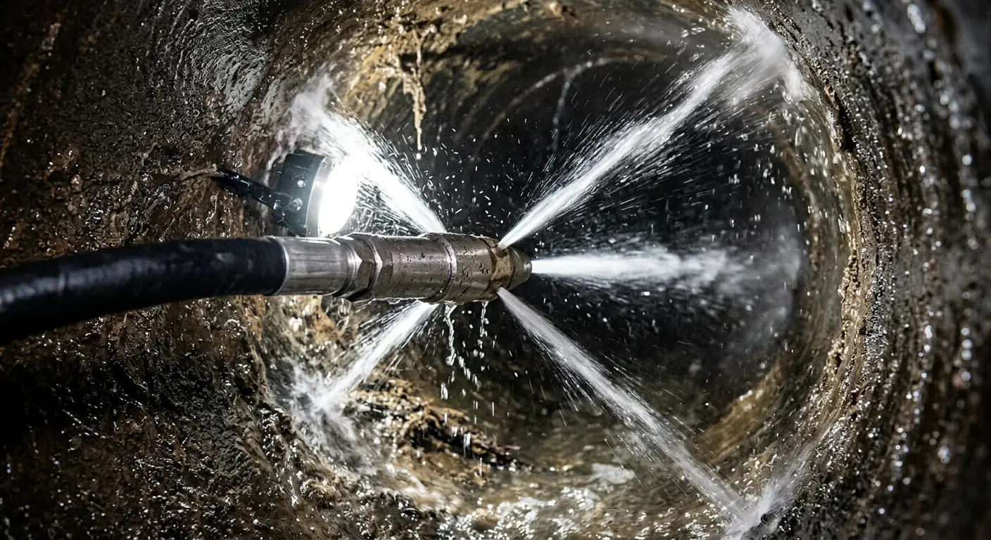 High-pressure hydro jetting nozzle cleaning sewer pipe for Sewer Cleanout in Dormont