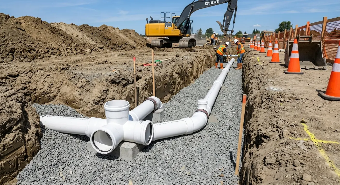New PVC sewer pipe installation in open trench for Commercial Drain Cleaning in Dormont