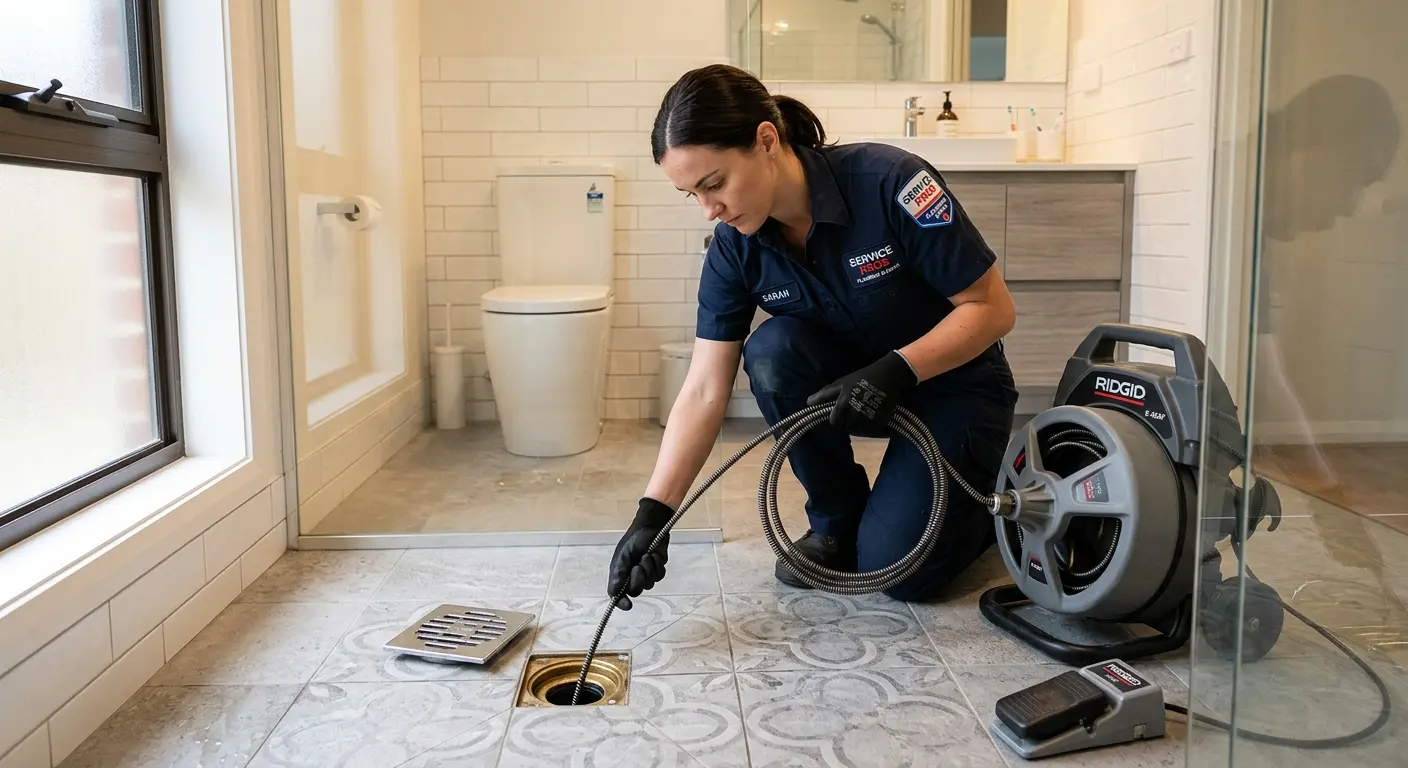 Technician clearing a bathroom floor drain for Clogged Drain Repair in Dormont